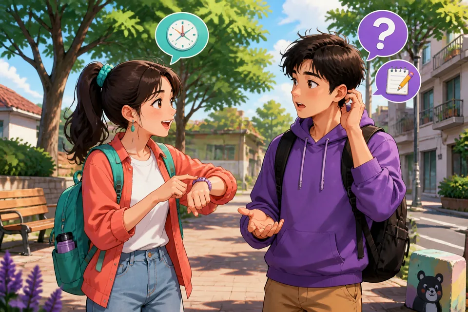 Anna and David talking near a noticeboard; David uses clarification phrases to ask Anna to repeat and write things down.