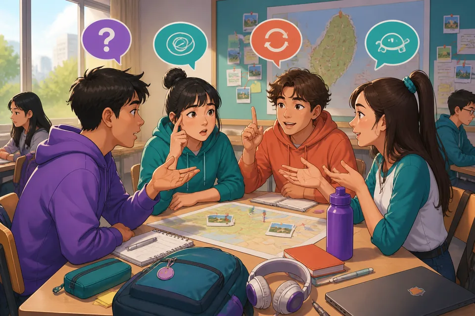 Close-up of a polite classroom exchange in Japanese, a student asking the teacher to repeat and slow down — Lesson 7 on clarification.