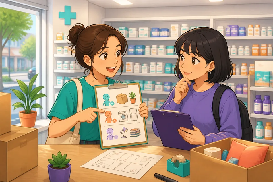 Two friends packing boxes and checking what they can do alone or need help with, illustrating phrases like 一人でできます and 手伝ってもらわないとできません。