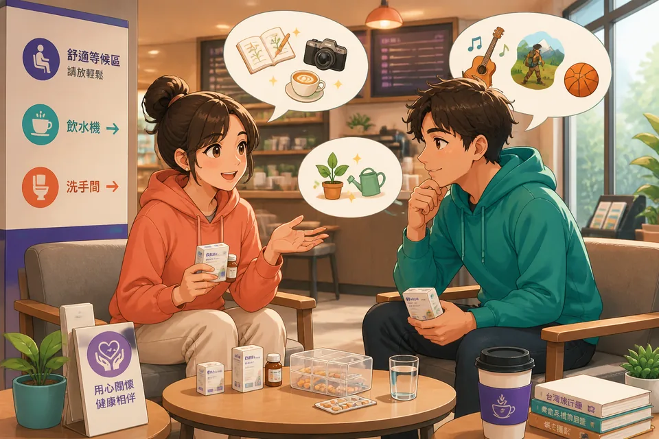 Two friends smiling and pointing at photos on a phone while practicing phrases for asking and explaining interests in Japanese.