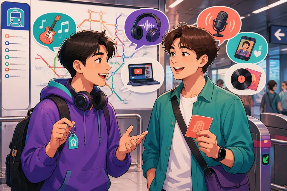 Two friends in a park happily talking about jazz and music recommendations in Japanese, showing natural use of the lesson phrases.