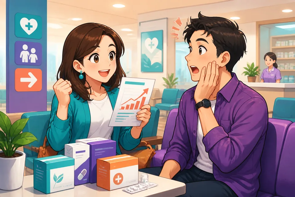 Two colleagues exchanging quick supportive reactions in Japanese after hearing an unexpected story.