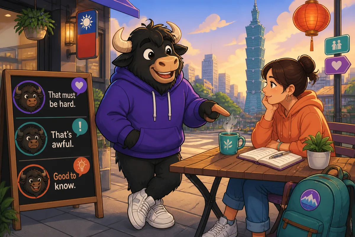 Two friends talking in Japanese at a café, practicing polite reaction phrases like empathy and interest.