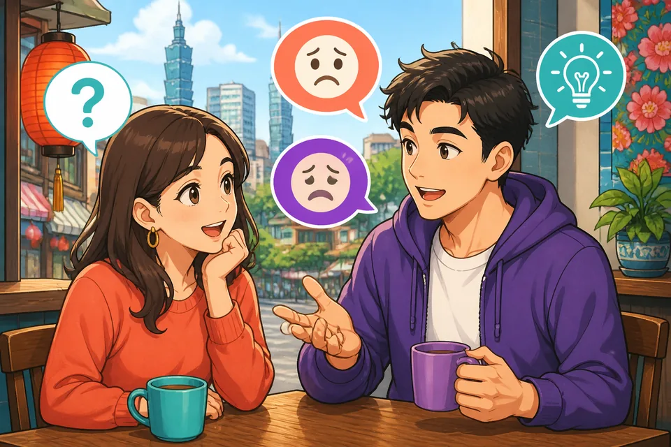 Anna and David sitting at a table, exchanging short news; the image highlights natural Japanese reactions and polite expressions.