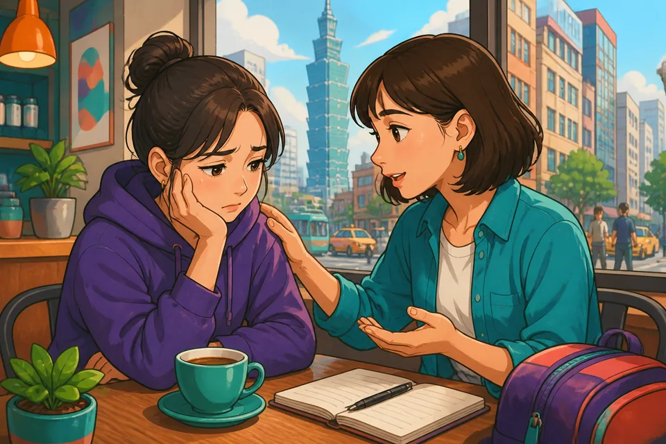 A bright café scene where a learner listens and repeats Japanese reaction phrases: sympathy, shock, interest, and acknowledgement.