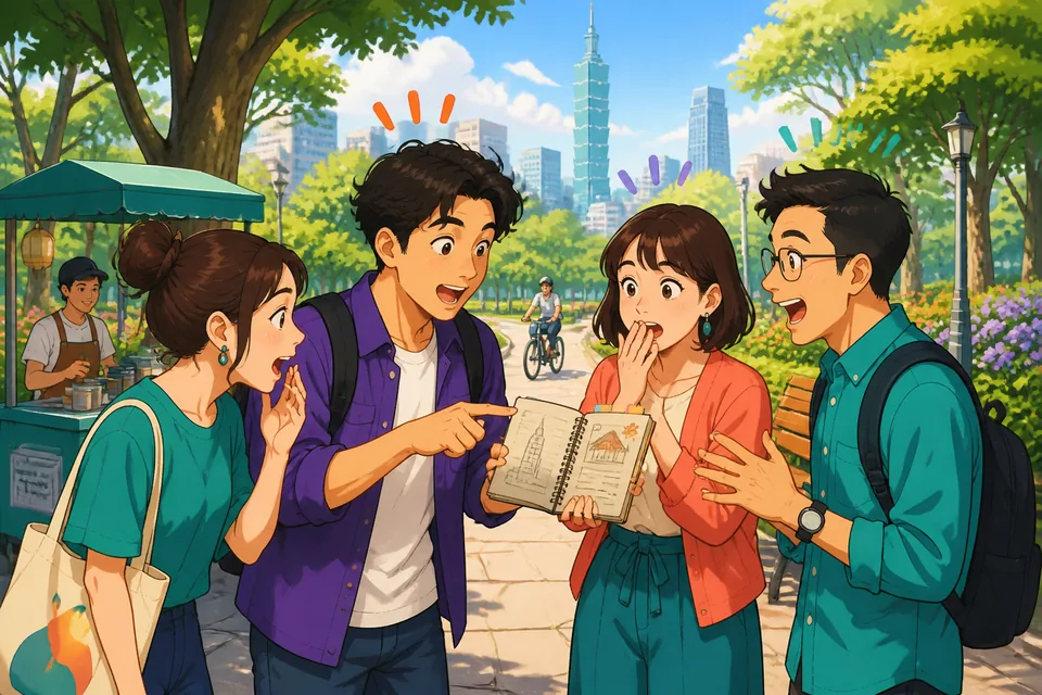 A cozy café scene where two people exchange surprising information in Japanese; friendly A2-level conversation about unexpected news.