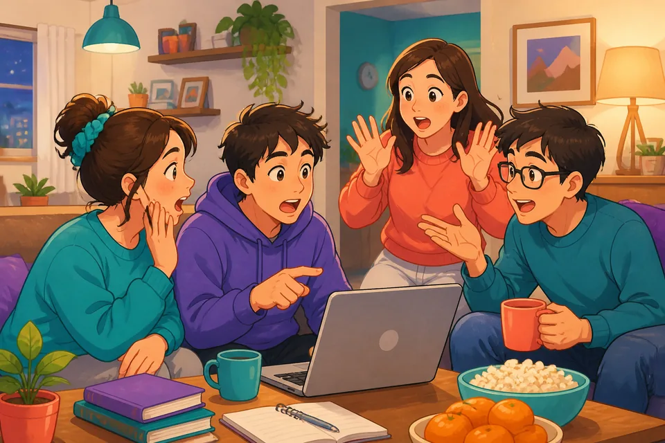 Two coworkers in a bright café discussing surprising news in Japanese; the scene shows polite surprise and curiosity.