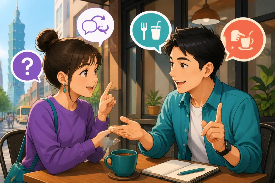 A learner politely asking for clarification in Japanese; visual shows speech bubbles with phrases like 別の言い方で言ってもらえますか。(Betsu no iikata de itte moraemasu ka.).