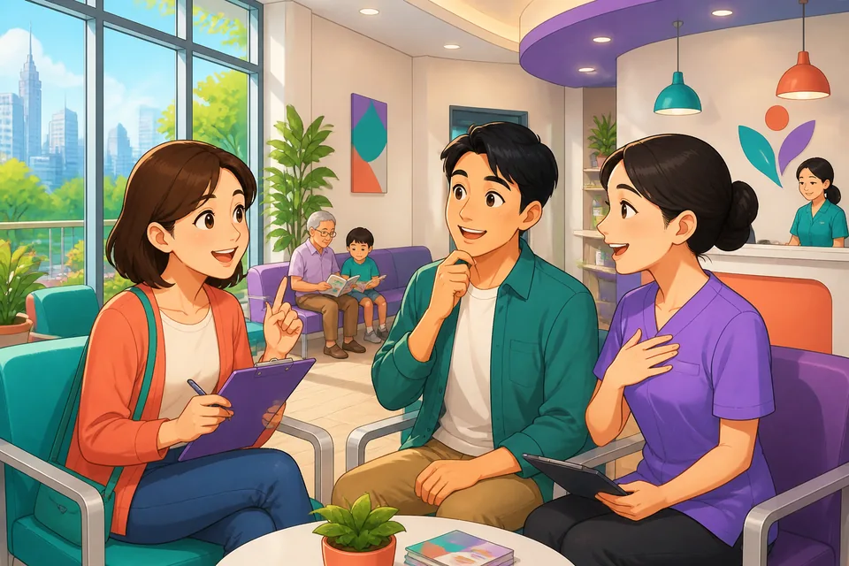 A friendly group deciding on plans in Japanese; the image shows polite agreement and the theme of social glue.