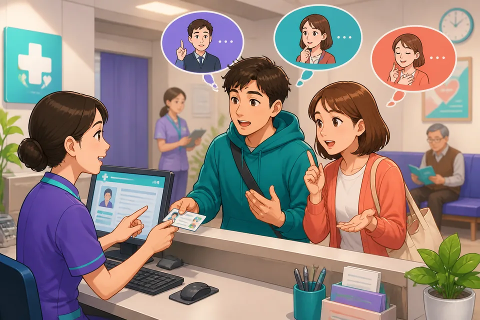 A meeting table with notes and a laptop, people practicing polite disagreement phrases in Japanese like ある程度は賛成です。