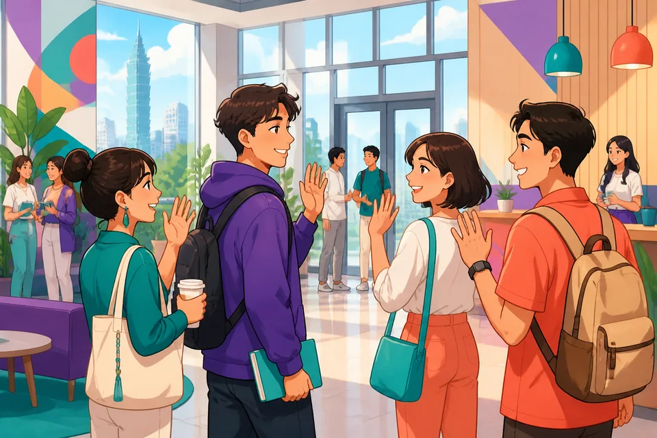 A cozy scene of a learner listening and repeating short Japanese phrases like とにかく and ええと to practice small-talk skills.
