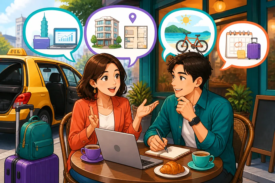 Anna and David talking across a table in Japanese, with speech bubbles showing phrases like ところで and そういえば.