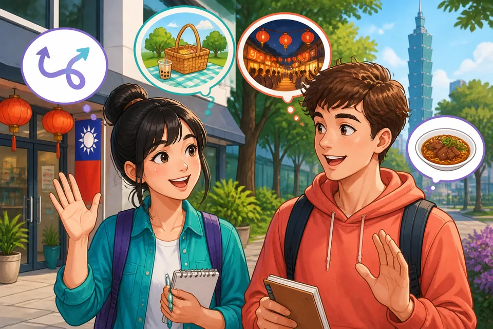 Anna and David talking in a park, using transitions like そういえば and それなら to move between topics while deciding plans.