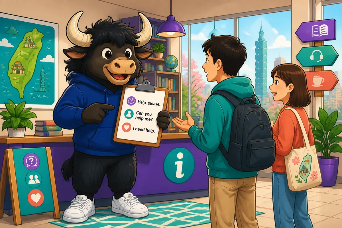 A friendly scene of someone politely asking for help in Japanese at a bus stop — phrases about asking for help and directions in Japanese.