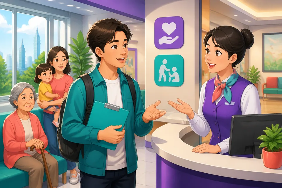 A close-up of two people speaking Japanese at a store counter, showing polite help phrases and gestures for asking assistance.