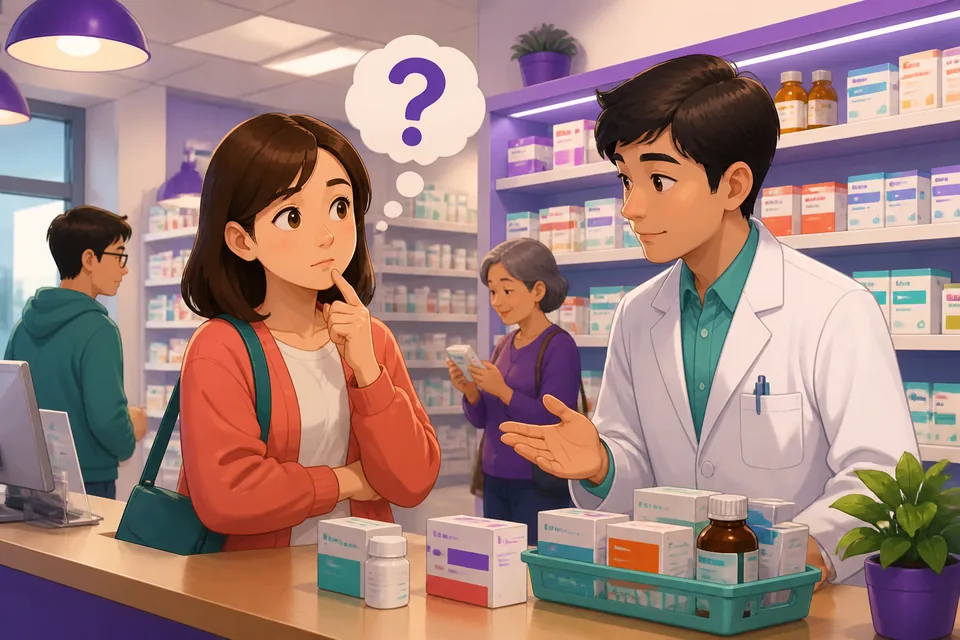 A friendly café scene where one person asks a question and the other pauses to think using Japanese hesitation phrases.