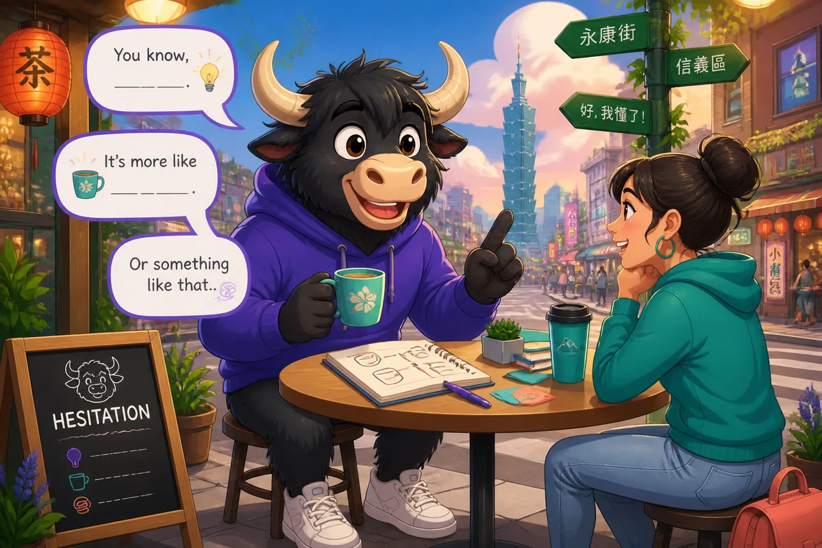 A friendly café scene with two people speaking softly in Japanese, demonstrating hesitation phrases like あの and あ、じゃなくて while talking about a presentation.