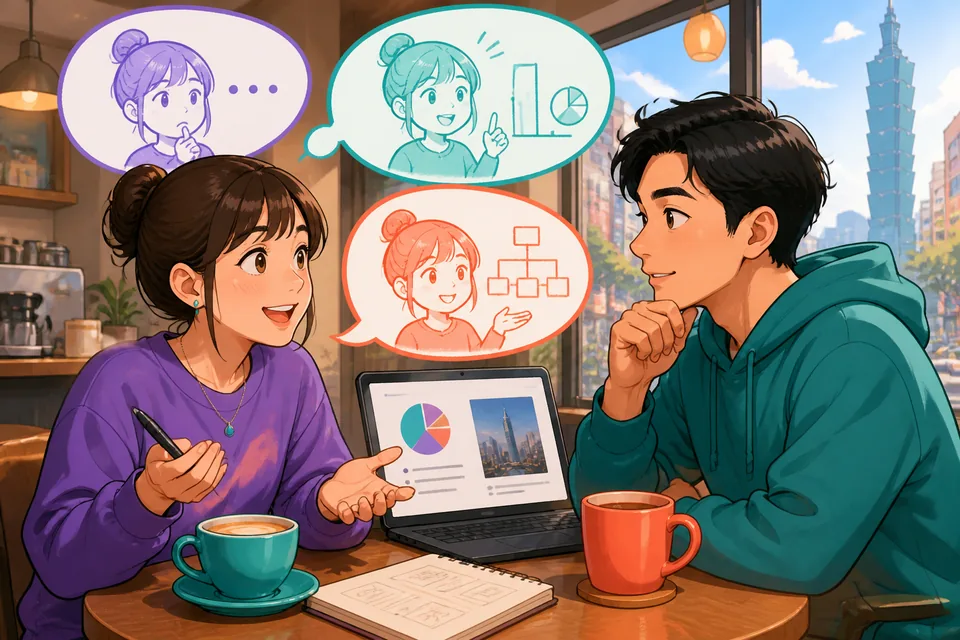 Anna and David sit across from each other as David hesitates, corrects himself with あ、じゃなくて, and finishes with とか、そんな感じです.