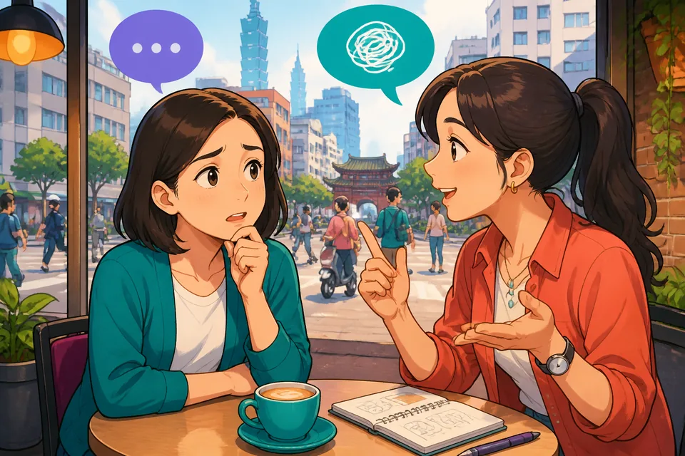 A close-up of a learner listening to a polite Japanese speaker start with あの、___ to gently introduce a topic about preferences.
