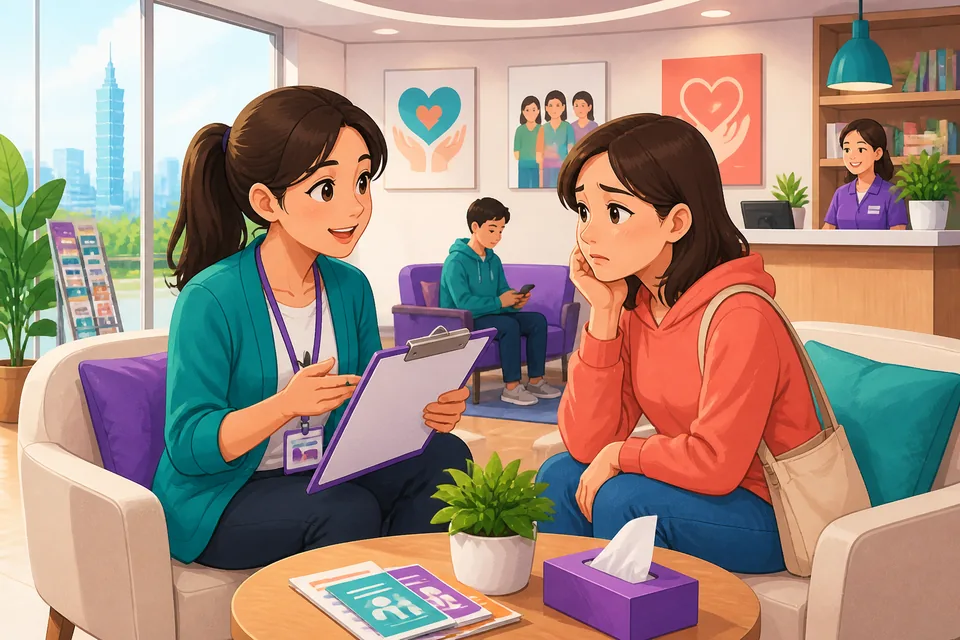 A friendly scene where a listener offers gentle Japanese support phrases after hearing a friend’s problem.
