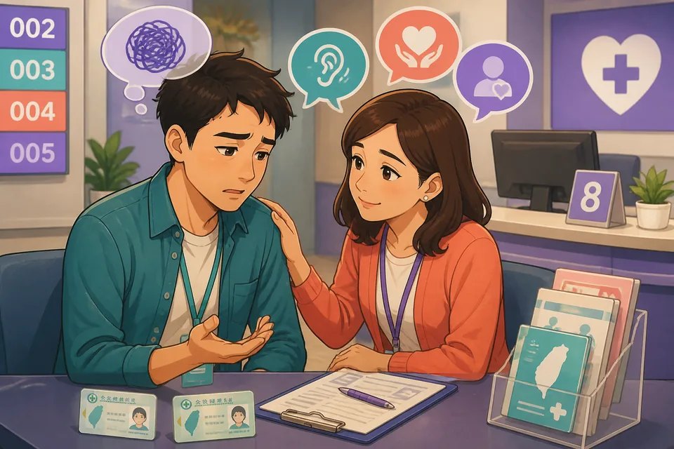 A close-up of one person reassuring another with calm body language while using polite Japanese empathy phrases.