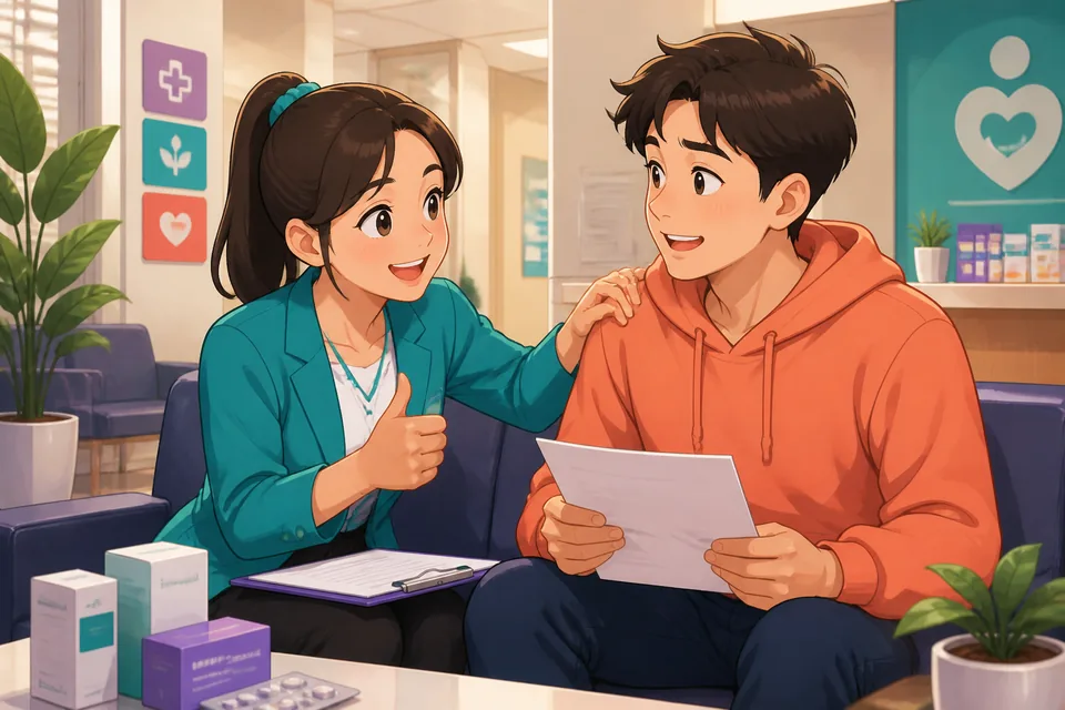 Anna and David talking quietly in a hallway after practice; one encourages the other using polite Japanese phrases.