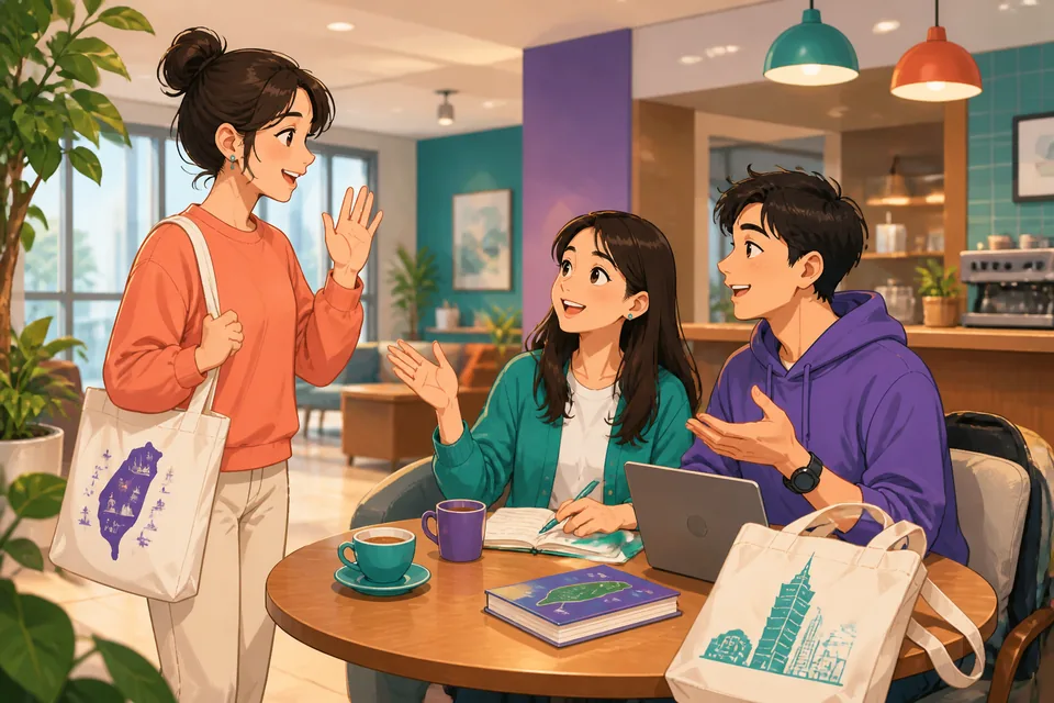 Anna and David talking at a café table, using phrases to pause a topic and move to another — the scene feels natural and social Japanese.