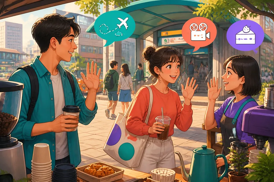 Close-up of a small group in conversation using polite Japanese phrases to change topics, showing friendly body language and notebooks.
