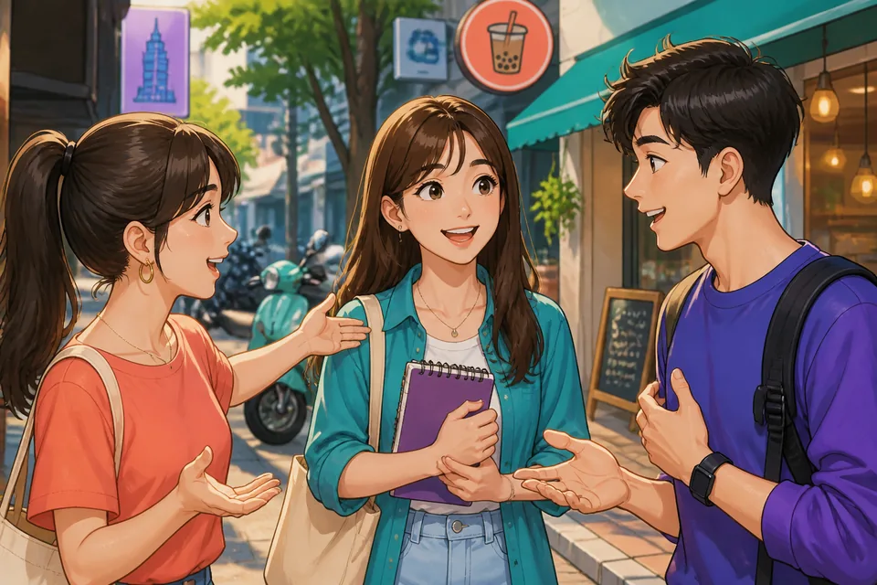 A friendly office scene where a presenter prepares to wrap up a topic in Japanese, showing polite phrasing.