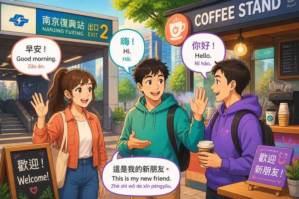 A small group at a café where someone asks 我可以加入吗？ and another replies 欢迎！ — shows conversation openings in Simplified Chinese.