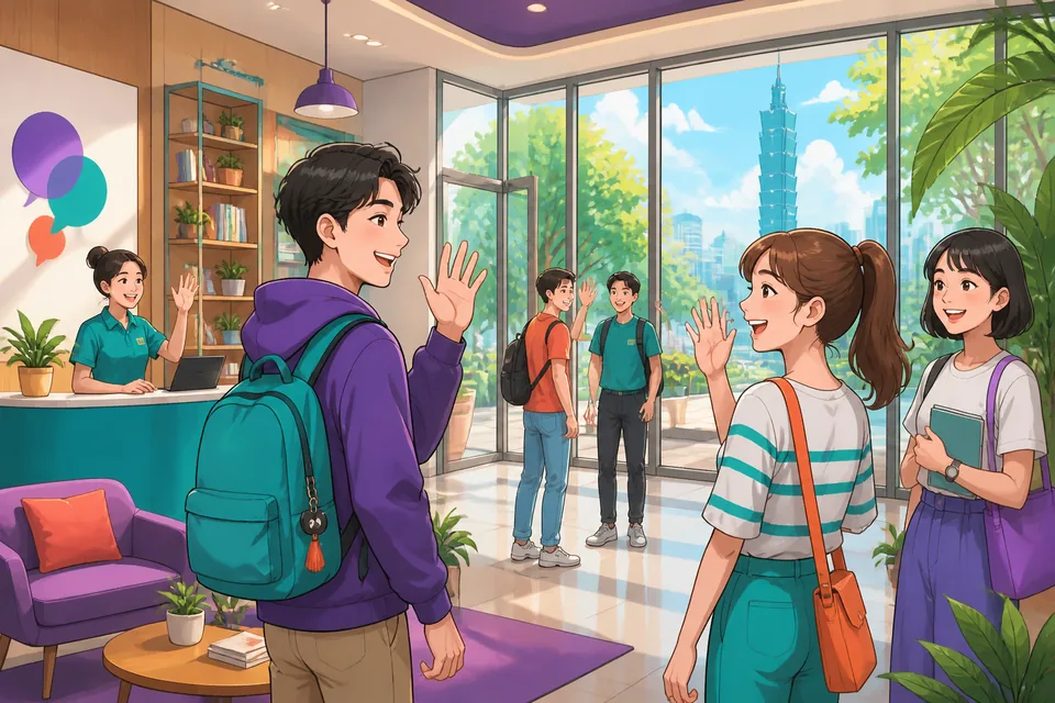 Two coworkers meet at a morning market; one says 早上好 and they smile — Simplified Chinese lesson on greetings.