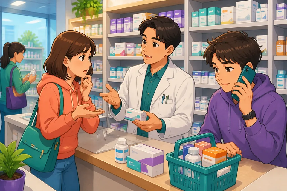 Two people on a sidewalk talking; one looks worried and asks for help in Simplified Chinese about a medical emergency.