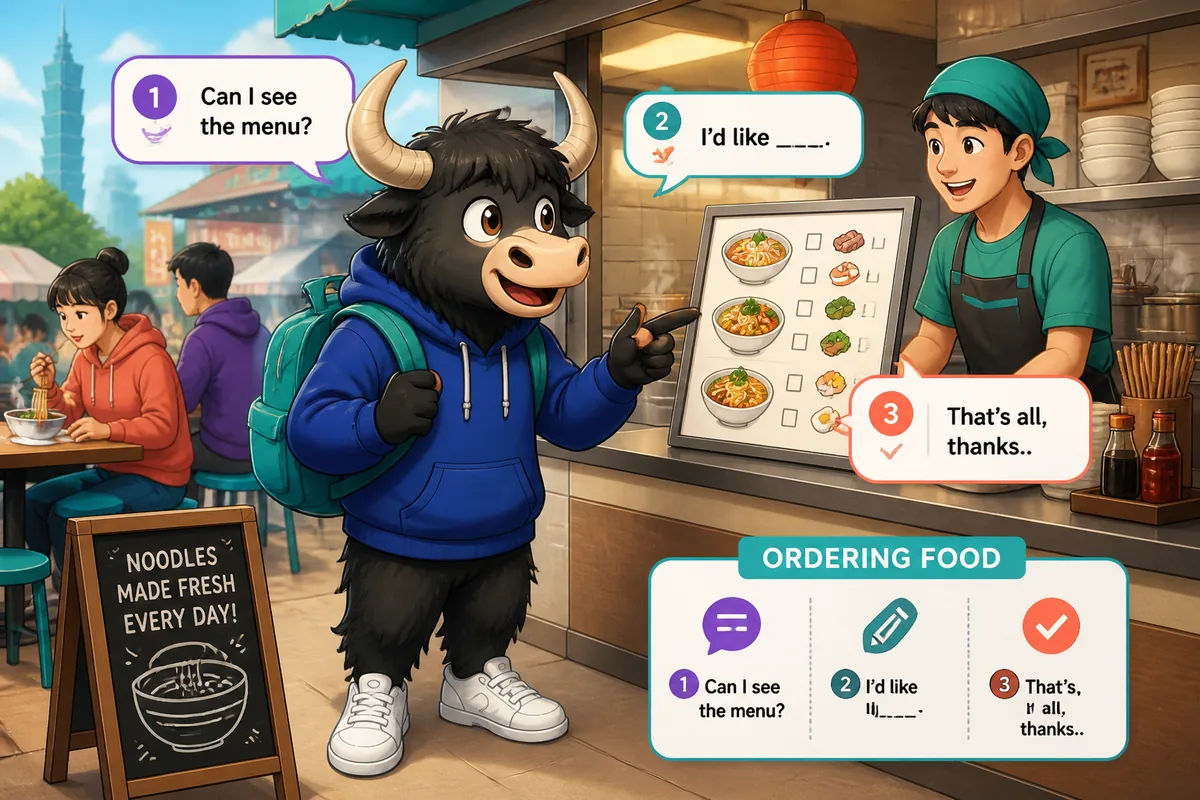A bright café scene showing a customer ordering food in Simplified Chinese; the lesson topic is ordering food in a restaurant.