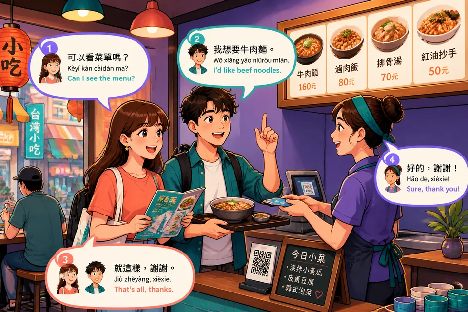 Anna points at a menu while talking to a server and David listens; the scene shows ordering phrases and size choices in Simplified Chinese.