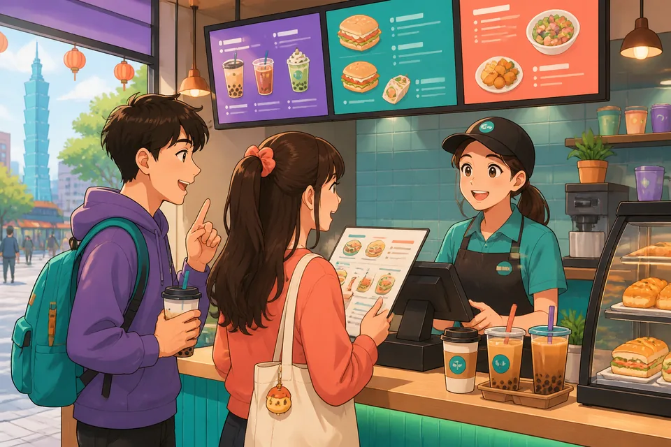 A friendly server hands a menu to a customer while the table shows chopsticks and a takeaway box; the image connects to asking for menus and ordering food in Simplified Chinese.