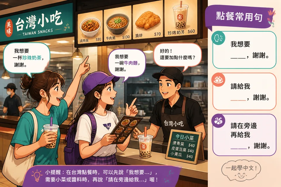 Close-up of two people conversing at a restaurant table while a server listens; phrases from the lesson like 我要___，谢谢 are visible.