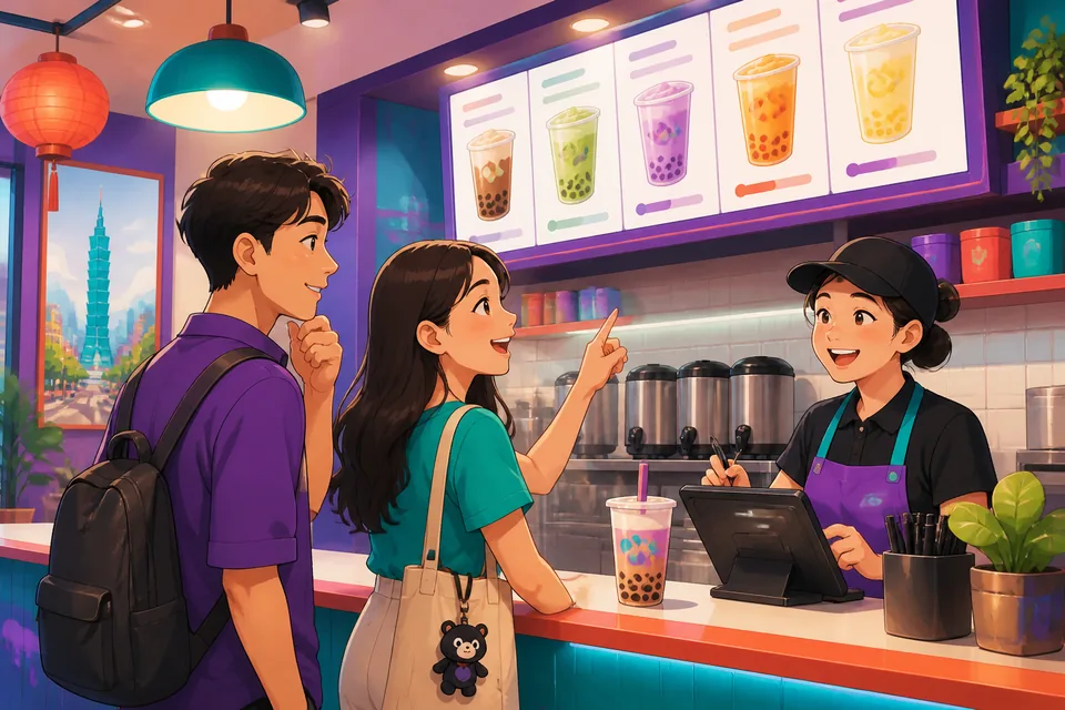 A waiter leans toward a table as two friends point at the menu; Simplified Chinese ordering phrases appear over the scene.