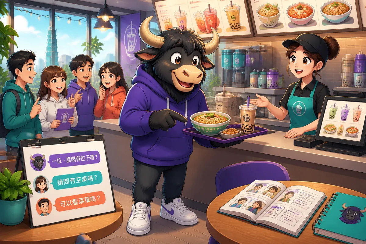 A cozy café interior in Simplified Chinese style with people ordering at the counter; text mentions Simplified Chinese café phrases.