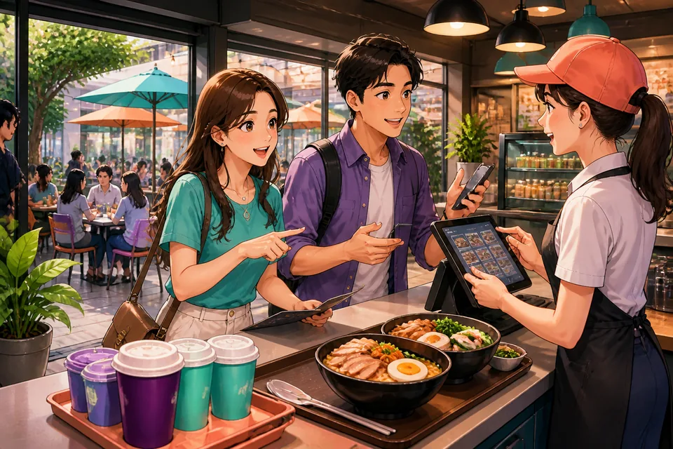 Two friends at a small table talking to a server; icons show phrases like 可以看一下菜单吗？ and 我们可以点菜了。 in Simplified Chinese.