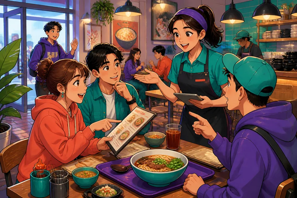 A hostess greets two customers at a cafe door; visual shows speech bubbles with Simplified Chinese for asking about seating and reservations.
