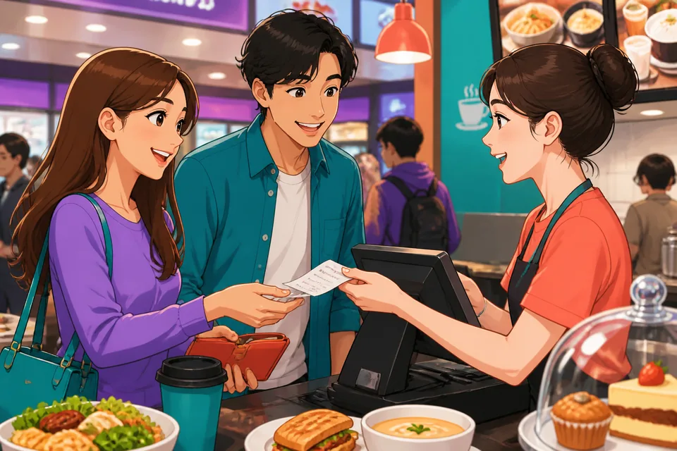 A busy café scene with a customer asking a server about ingredients in Simplified Chinese; cups, plates, and a tray visible.