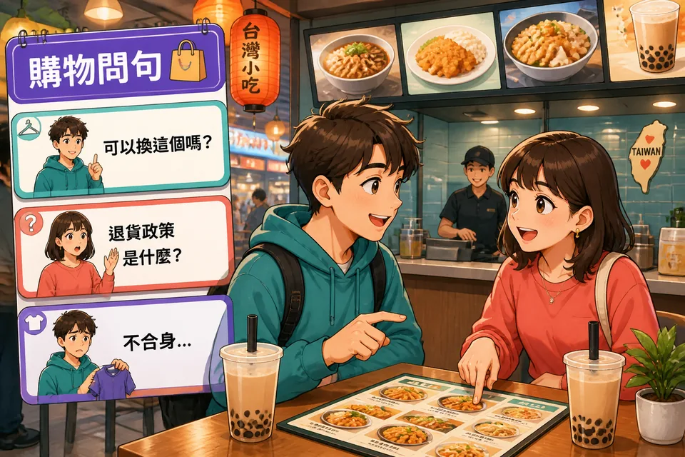 Two people by a fitting room counter discussing fit and return policy in Simplified Chinese while holding a jacket.