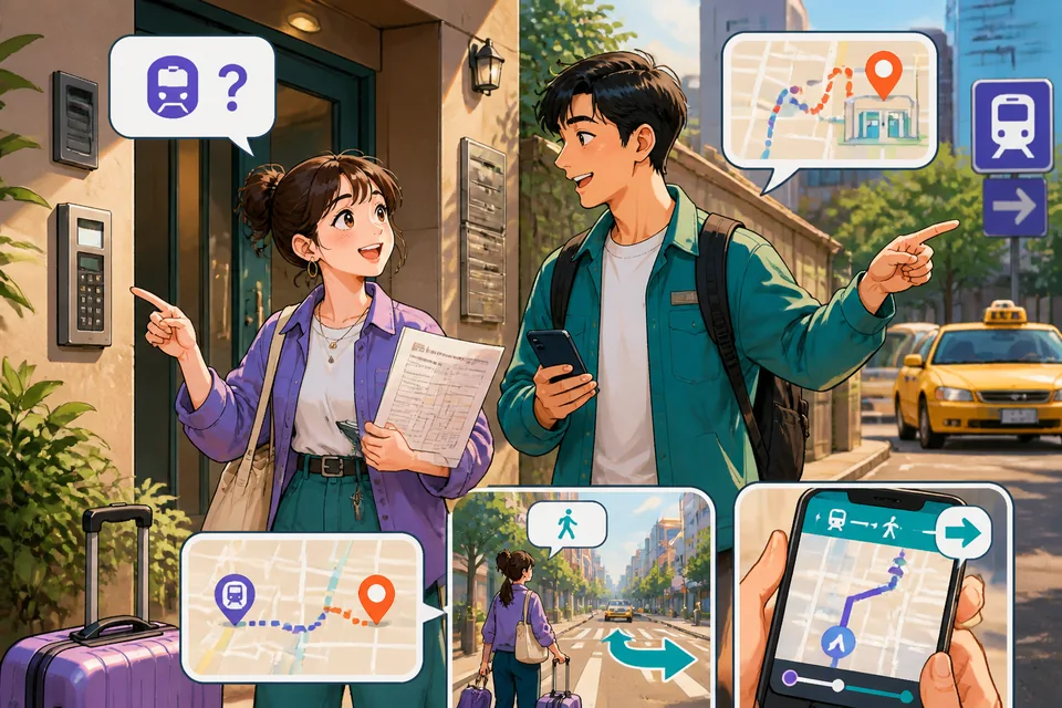 Two people on a sidewalk: one asking 去地铁站怎么走？ (qù dìtiě zhàn zěnme zǒu?) and the other pointing while saying 一直往前走。