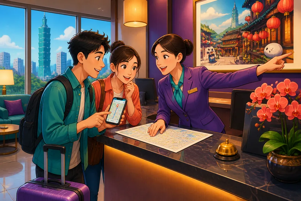 Close-up of a friendly street scene where someone asks 请问，___在哪儿？ (qǐng wèn, ___ zài nǎr?) to find a place in Simplified Chinese.
