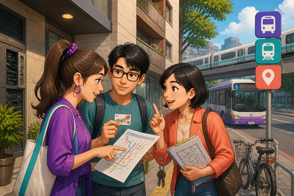 A commuter at a ticket window asking for a ticket in Simplified Chinese — the scene shows trains, platforms, and bus signs.