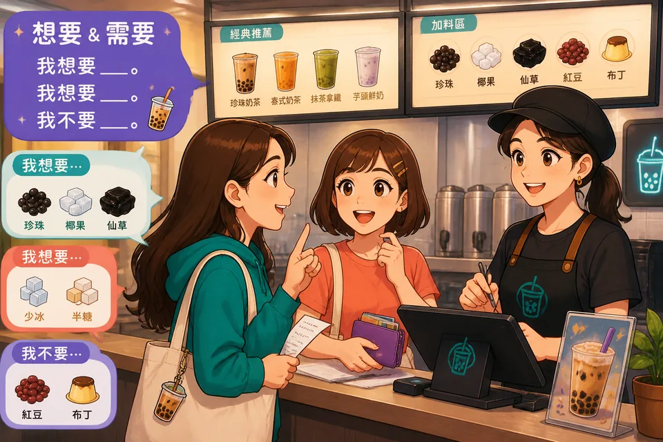Close-up of a tabletop with coffee and cake as friends say 我想要 (Wǒ xiǎng yào) and 可以给我___吗？ (Kěyǐ gěi wǒ ___ ma?).