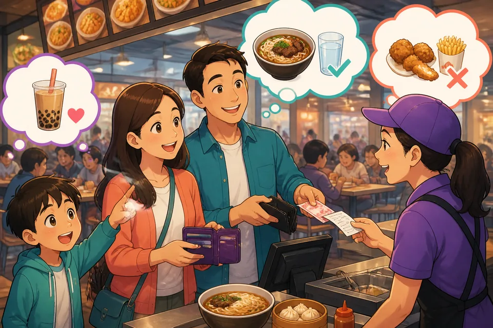 Two friends deciding what to order in Simplified Chinese, showing common want/need phrases and polite requests.