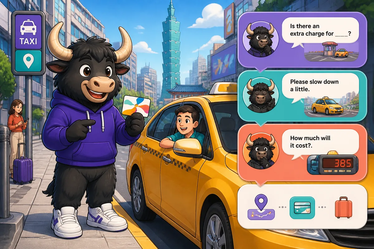 Simplified Chinese taxi scene with passenger and driver discussing routes and payment; close-up on polite phrases for taxi rides.