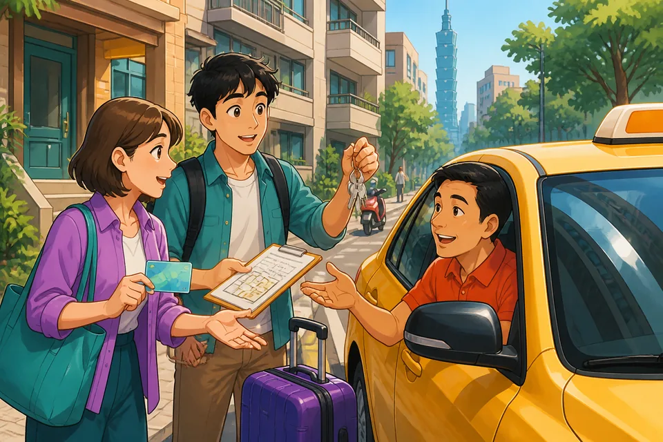 Passenger in a taxi checking the route and asking about cost and time in Simplified Chinese; a city skyline through the window.