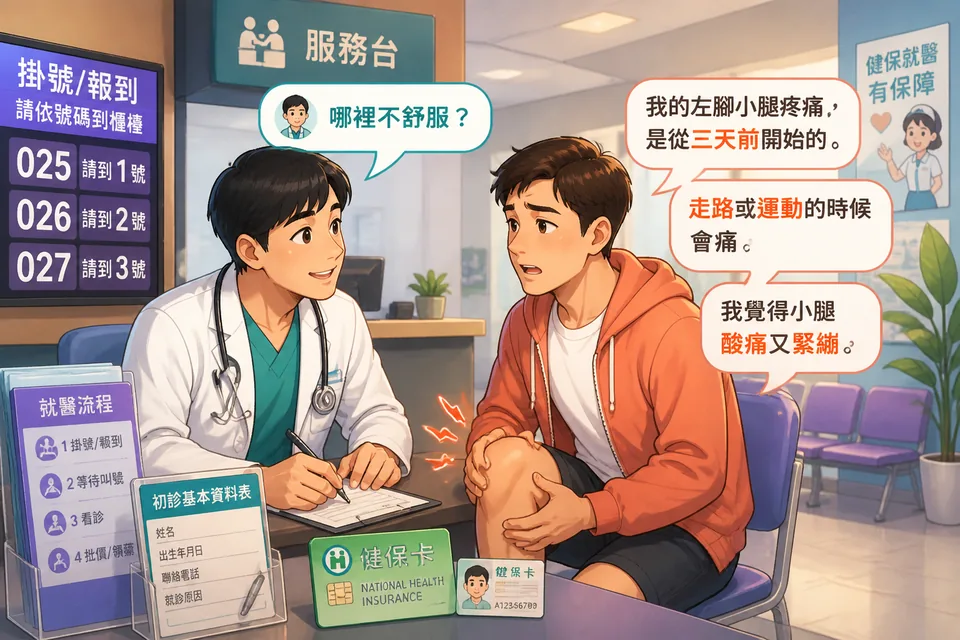 Doctor and patient in an exam room discussing pain, tests, and follow-up in Simplified Chinese.